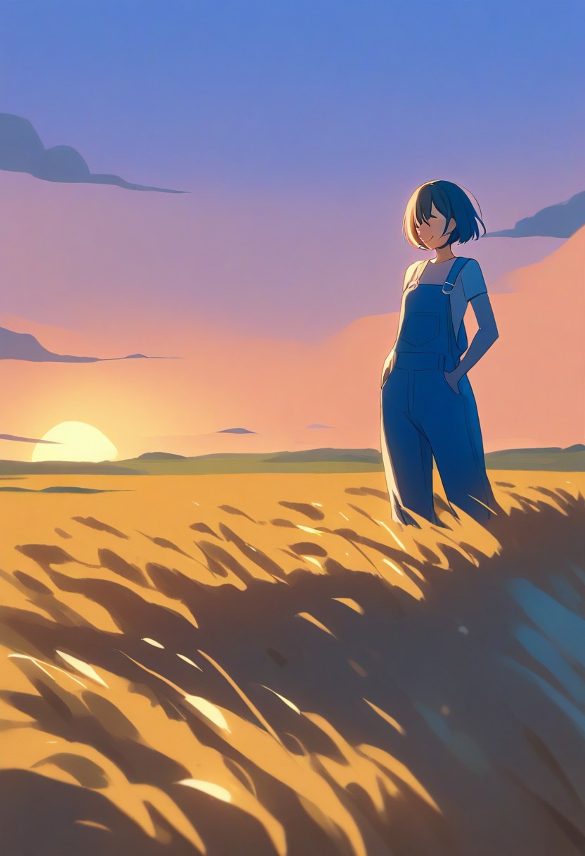 SK3, minimalist, simple drawing, simple shadows, a female model wearing blue overalls, in a wheat field, smiling, sunset
