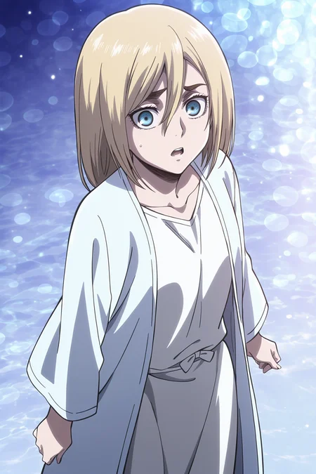 anime screencap, anime coloring, detailed face, masterpiece, best quality, very aesthetic, absurdres, bokeh, volumetric lighting, official style, amazing quality, ultra detailed, highres, amazing quality, scenery, beautiful detailed hair, beautiful detailed eyes,
<lora:Historia_ReissKrista_Lenz_Attack_on_Titan_Season_3:1>
Historia blue robe (outfit), Historia Reiss (character), krista lenz, 1girl, solo, blonde hair, blue eyes, hair between eyes, looking at viewer, robe, dress, blue background, white dress, open mouth, short hair, view from above, concerned expression,
