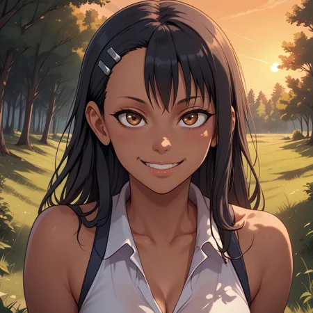 score_9, score_8, BREAK, solo, Hayase Nagatoro, Hairclip, Black Hair, Brown Eyes, Dark Skin, Dark Skin Female, sexy pose, self portrait, smile, outdoors, sunlight, shadows, evening lighting, natural lighting, forest, trees, grass, orange sky, sunset