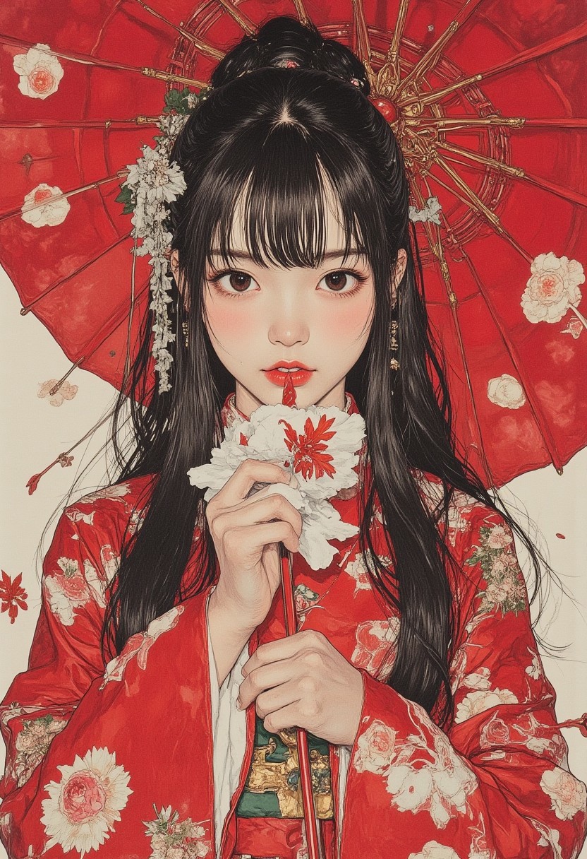 nistyle, pingtu style, illustration-fen, closeup portrait of Japanese shrine maiden, Japanese kanji