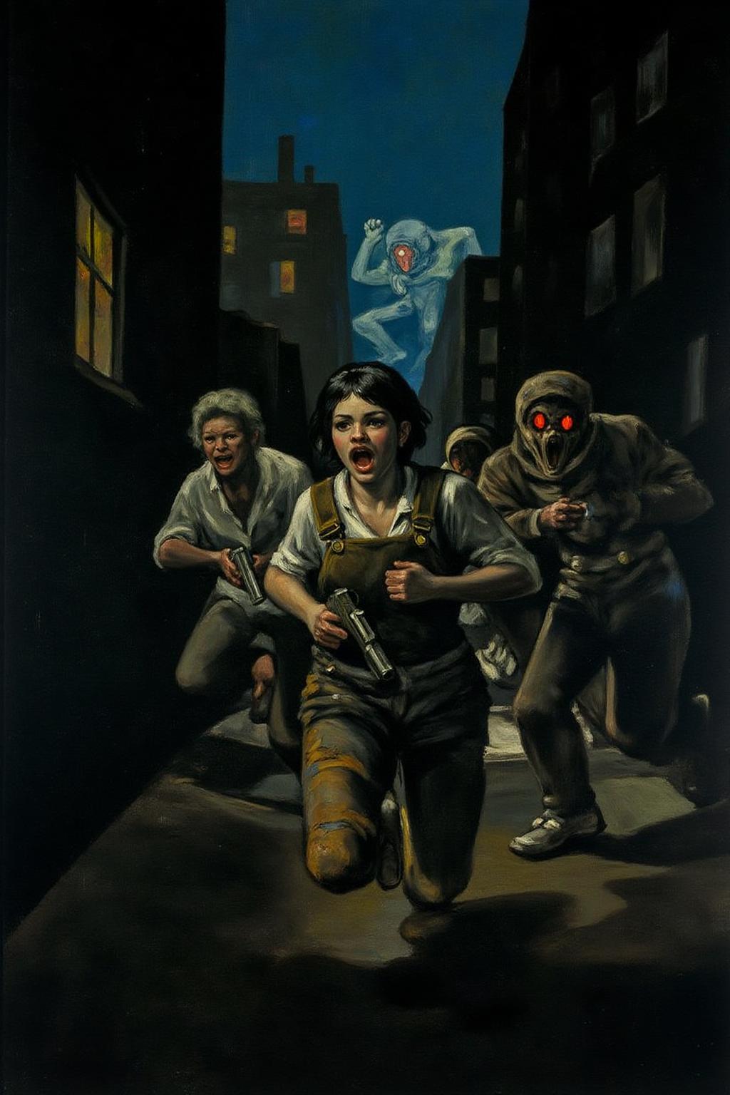 g0ya1 painting.
kako1 
A woman running down a dark alleyway between two crumbling high-rise buildings, with a holographic display of her pursuers on the walls and a strange creature with glowing red eyes lurking in the shadows, in a neon-lit cityscape that feels like a dystopian nightmare. She's dressed in tattered overalls and has a pistol at her side.  She is shouting angrily.   <lora:g0ya2_cap_d6a3e12:1.0><lora:823856997754568613:0>