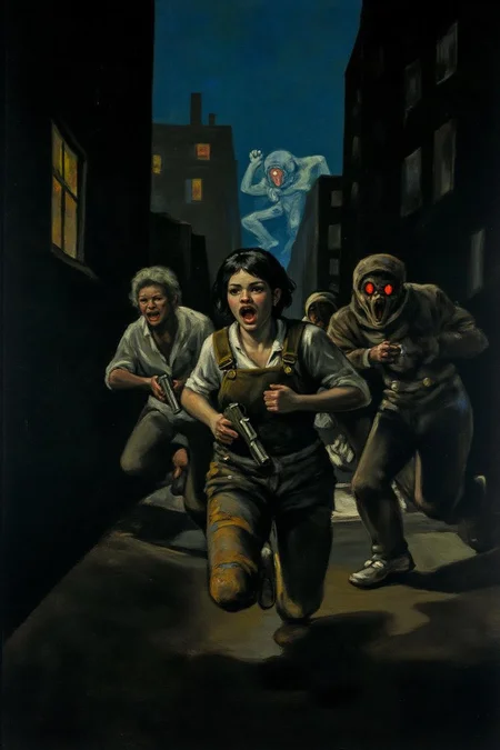 g0ya1 painting.
kako1
A woman running down a dark alleyway between two crumbling high-rise buildings, with a holographic display of her pursuers on the walls and a strange creature with glowing red eyes lurking in the shadows, in a neon-lit cityscape that feels like a dystopian nightmare. She's dressed in tattered overalls and has a pistol at her side. She is shouting angrily. <lora:g0ya2_cap_d6a3e12:1.0><lora:823856997754568613:0>