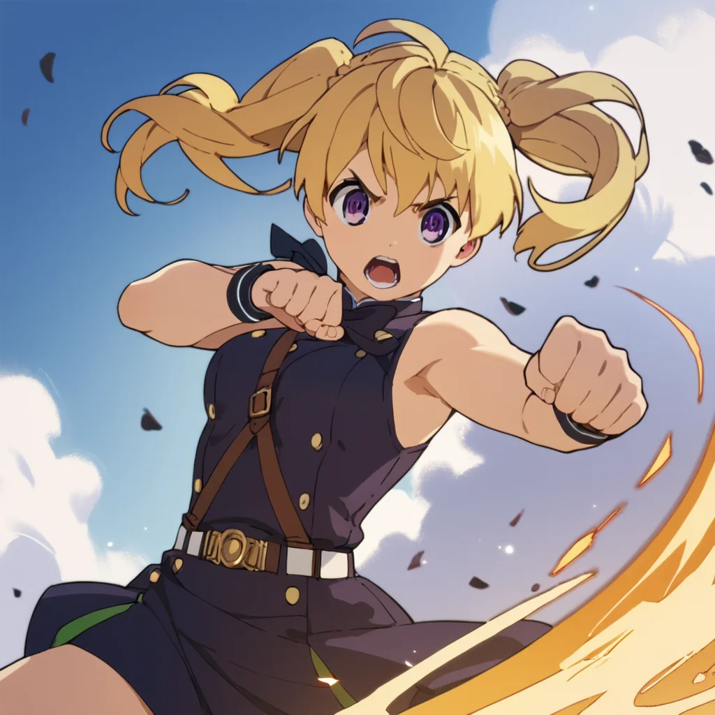 score_9, score_8_up, score_7_up, score_6_up, score_5_up, score_4_up, source_anime, MitsubaSangu, blonde hair, twintails, purple eyes, , action pose