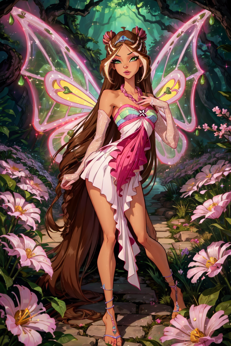 (Flora:1.5), dress, wings, sparkling clothing, brown hair, green eyes, long hair, forest background, pink flowers, soft lighting, (realistic:1.2), (masterpiece:1.2), (full-body-shot:1),(Cowboy-shot:1.2), neon lighting, dark romantic lighting, (highly detailed:1.2),(detailed face:1.2), (gradients), colorful, detailed eyes,, (natural lighting:1.2), solo  <lora:WinxClubEnchantixFlora-10:0.9> <lora:add_detail:0.3> <lora:BeautifulEyes:0.6>