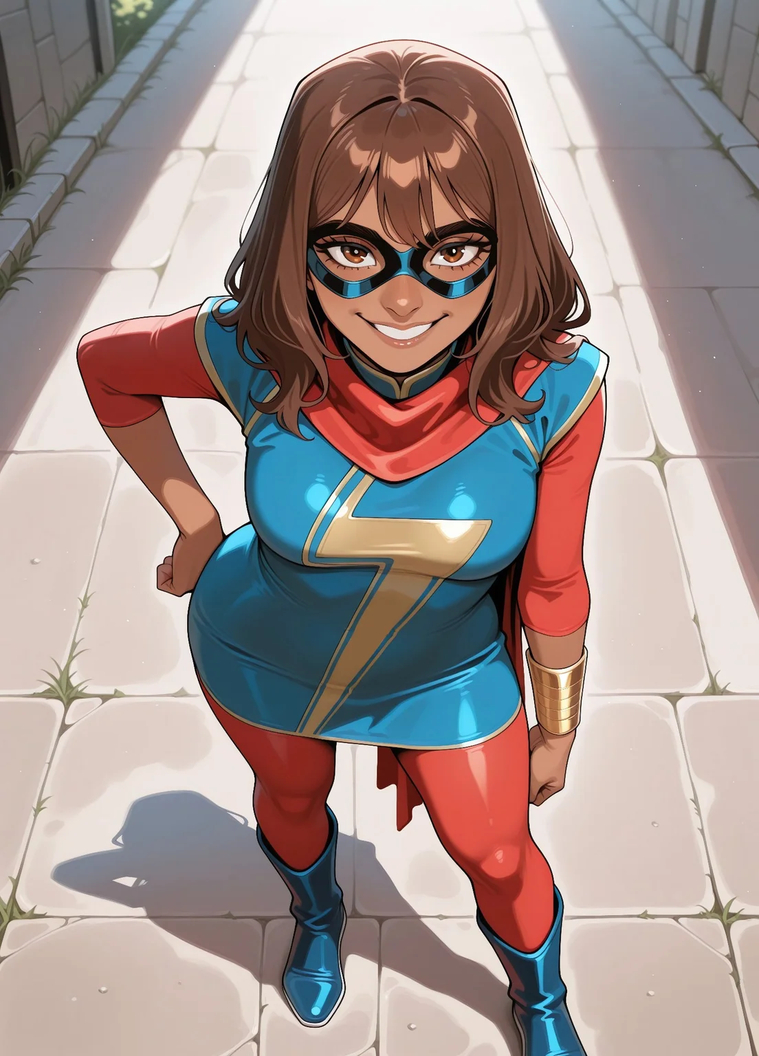 masterpiece, best quality, amazing quality, very aesthetic, absurdres, newest, detailed eyes, mossa-40k,
1girl, mmkamalakhan, indian, brown hair, bangs, brown eyes, dark-skinned female, sleeves, blue dress, scarf, bracelet, red pantyhose, domino mask, blue boots, medium breasts,
hand on hip, smile, looking at viewer, close up, view from above,