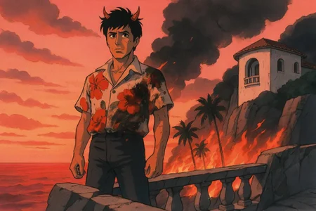 cinematic still, Tony Montana, standing on a jagged balcony in a singed floral shirt, wind-whipped hair revealing horn tips, wide shot, low-angle, setting: cliffside mansion overlooking a blood-red sea and burning palm grove, mood of isolated triumph and looming collapse, sunset inferno light blending pink and orange, color theme of rose fire, charcoal dusk, and salt-white, style reference 1980s Studio Ghibli–inspired Japanese animation still
