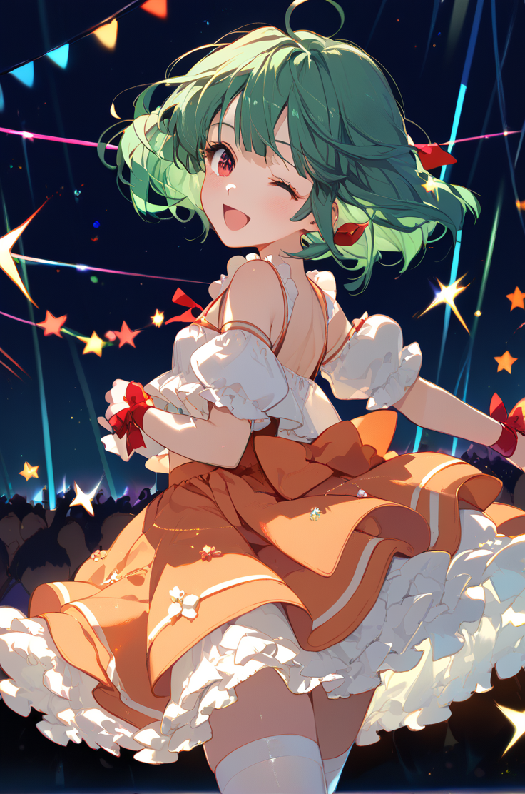 score_9, score_8_up, score_7_up, source_anime,
stage, lights, concert
upper body, close up, 
open smile, blush, seikan hikou, cowboy shot, wink, m/,
small breasts,
<lora:rankaidol_autismConfetti_v08:0.99>ranka lee, green hair, red eyes, short hair, ahoge,
idol clothes, skirt, thighhighs, layered skirt, orange skirt, wrist ribbon,  white thighhighs, bare shoulders, (navel:0.2),, zPDXL