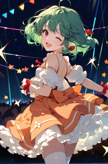 score_9, score_8_up, score_7_up, source_anime,
stage, lights, concert
upper body, close up,
open smile, blush, seikan hikou, cowboy shot, wink, m/,
small breasts,
<lora:rankaidol_autismConfetti_v08:0.99>ranka lee, green hair, red eyes, short hair, ahoge,
idol clothes, skirt, thighhighs, layered skirt, orange skirt, wrist ribbon, white thighhighs, bare shoulders, (navel:0.2),, zPDXL
