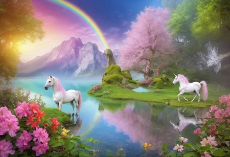 photo of fl0rRos1ta flower bush, by a crystal-clear lake, unicorns drinking water, rainbow in the background, mystical atmosphere, vibrant colors, fairy tale setting, high resolution <lora:fl0rRos1ta_XL_epoch_8:0.8>