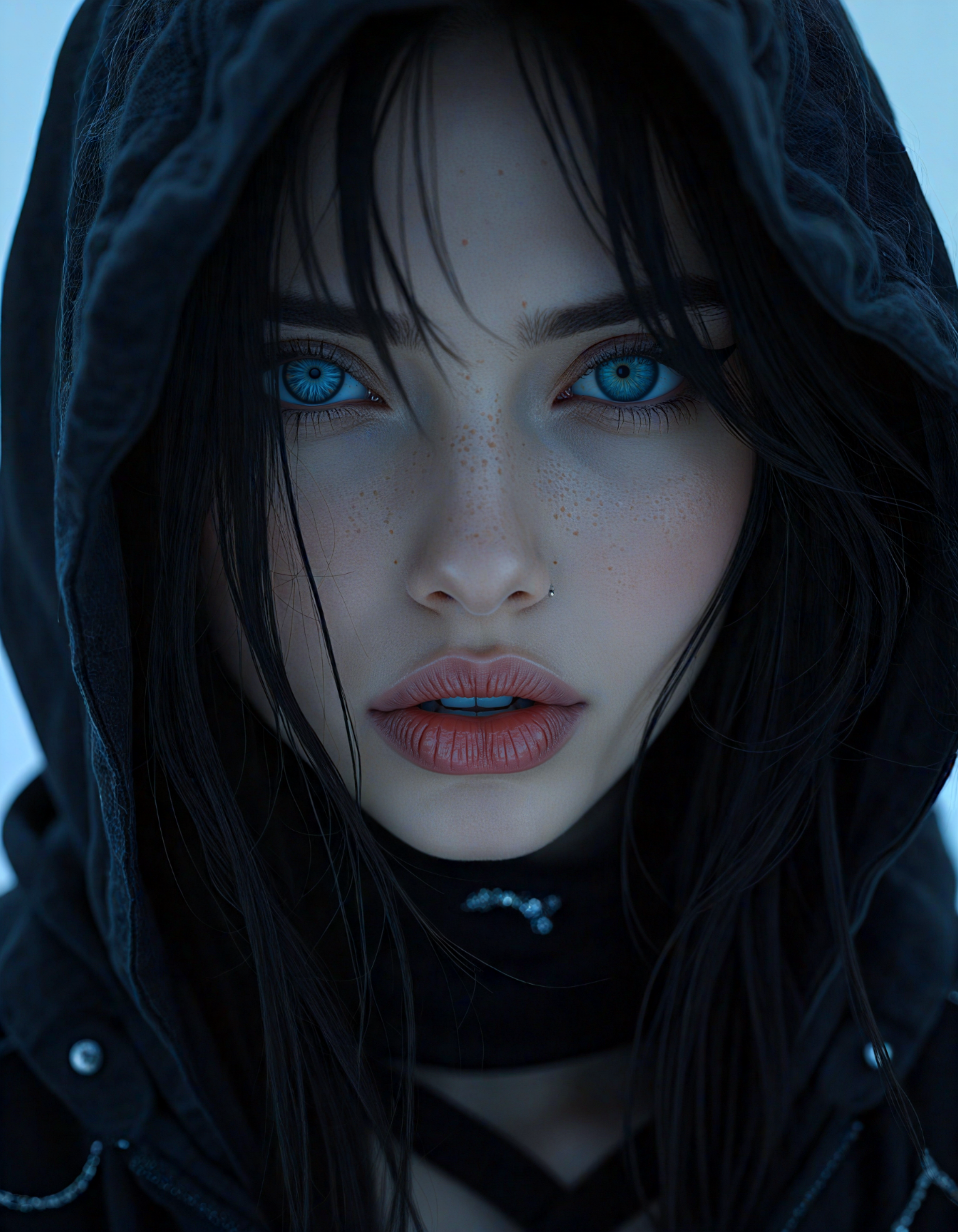 Minecraft style (dark mood masterpiece Photography:1.2), portrait of a mysterious woman with blue eyes and dark make up, dark eyeliner, she has sensuous lips, looking seductively, naughty. The extreme realism focuses on her detailed skin, showing fine textures and natural highlights. photography masterpiece, modern, irresistible beauty, fuzzy lighting, dark mood, unusual composition, use of negative space, (rule of thirds composition), simmetry, mysterious, emotional, flirting, groundbreaking unrivaled opus with unrivaled details, (Ice Gray color scheme), highly detailed, melancholic, low-light hyper detailed photography, catchlights, extremely high-resolution details, photographic, realism pushed to extreme, fine texture, incredibly lifelike, aerial view,style by luis royo . blocky, pixelated, vibrant colors, recognizable characters and objects, game assets