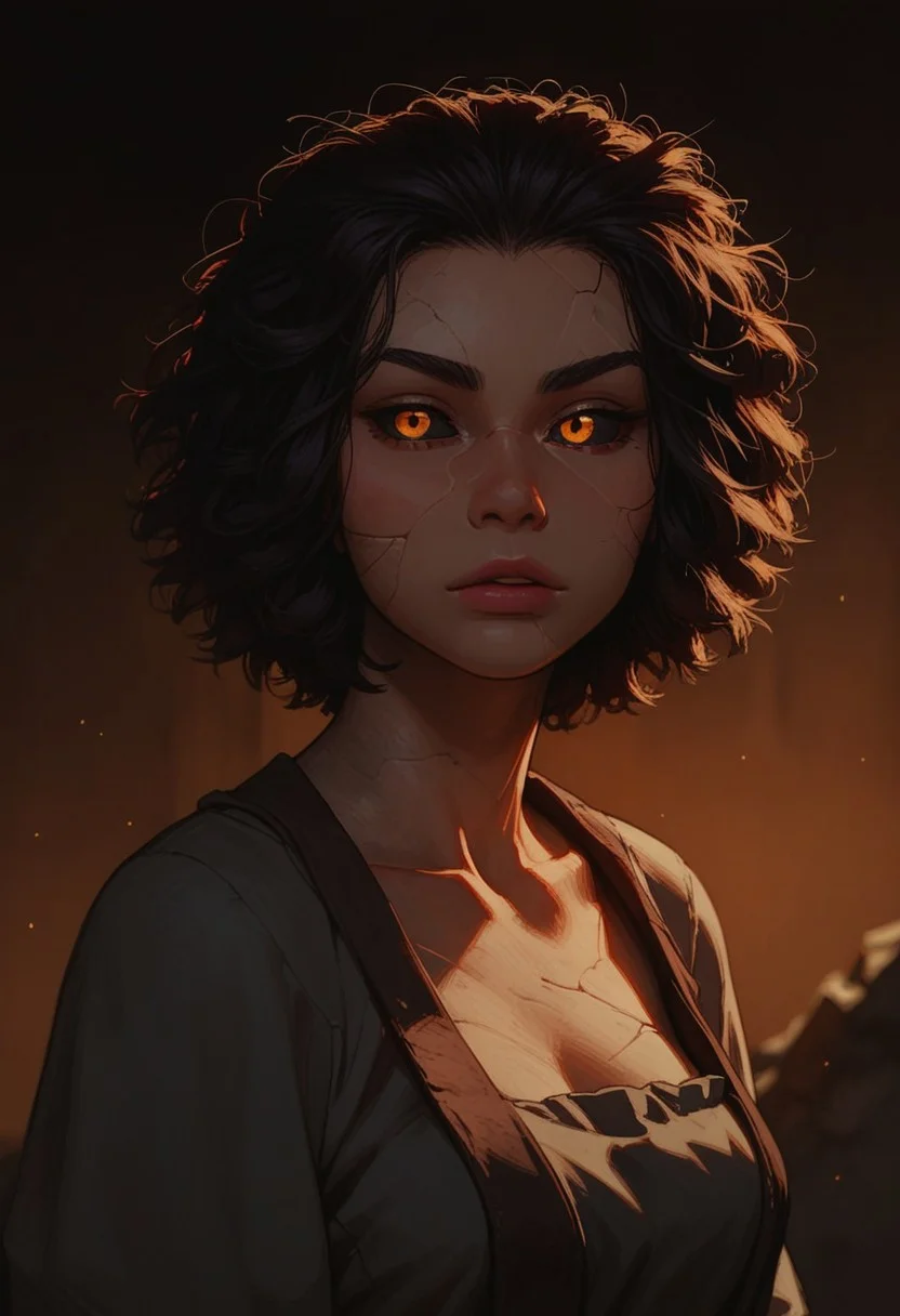(score_9, score_8_up, score_7_up). (line work, excellent drawing, highest quality, extremely detailed:1.2). solo, 1girl, ((((stone girl, stone skin, stone body)))), earth elemental, glowing skin, cracked skin, black sclera, glowing orange eyes, (stone hair, black hair), g0thicPXL, romantic, source_cartoon, depth of field, dark background, dark background, medium distance, semirealistic, pinup pose, simple tunic,