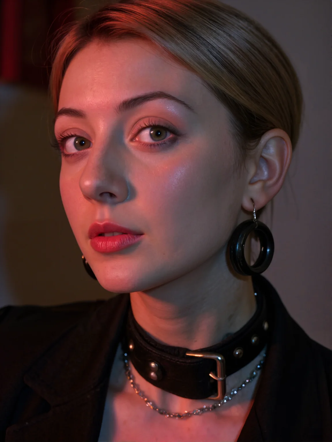 A close-up shot shows a 40 y.o woman with fair skin looking directly at the viewer. Her hair is short with shaved sides and longer hair on top that is dyed pink and blonde. She has dark eyebrows and dark eyes. Her nose is pierced with a silver septum ring, and her lower lip is pierced with two silver studs. Her right ear has multiple piercings, including a black tunnel plug in the lobe and several silver studs and hoops along the helix and antihelix. She is wearing a thick black leather collar with a silver buckle. A thin silver chain necklace is visible beneath the collar. The lighting in the image is dramatic, with a red glow illuminating the left side of her face and collar, while the right side is darker. The background is out of focus and dark, with subtle hints of red and brown.