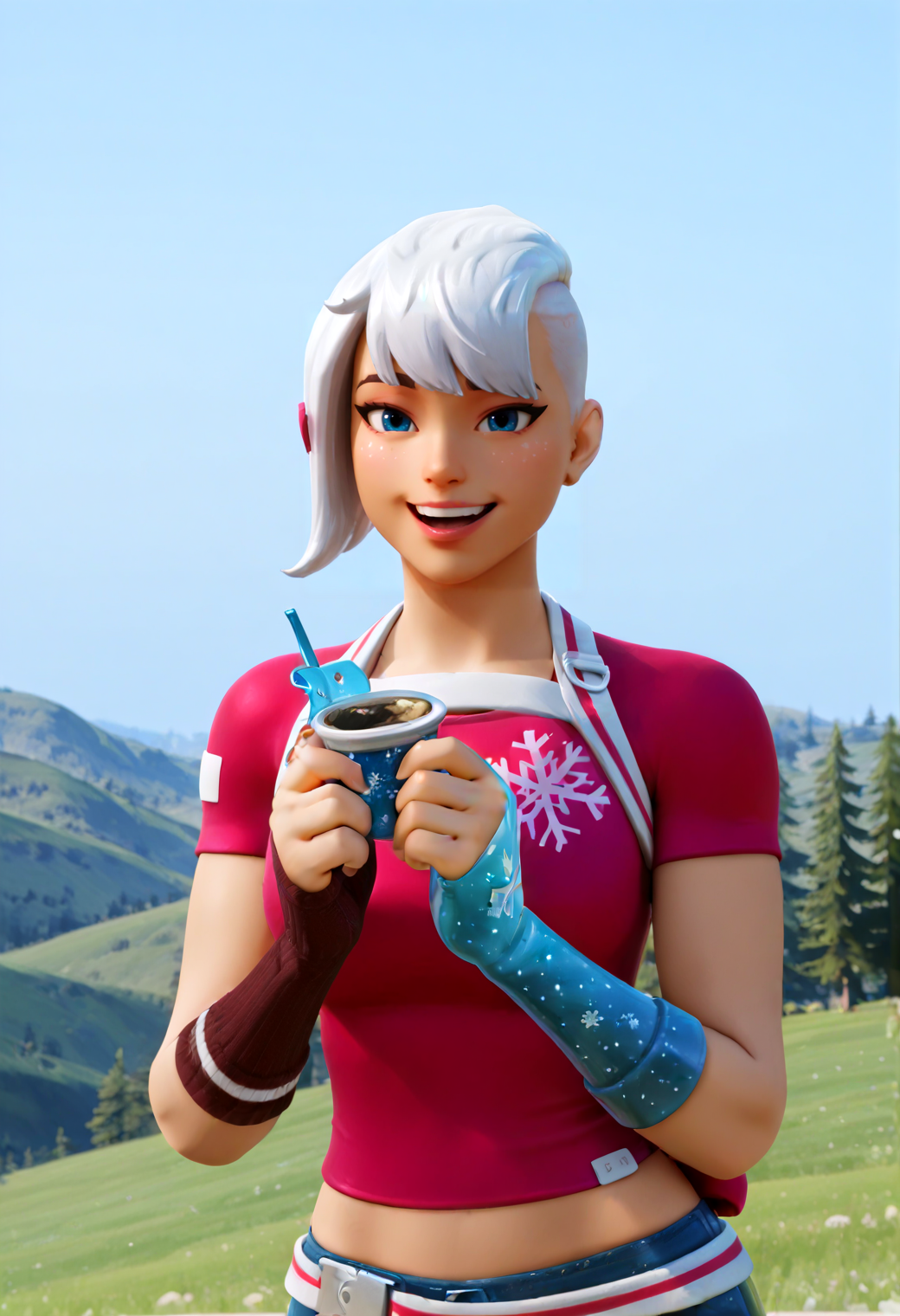 IllustriousQual <lora:StS-Illustrious-Detail-Slider-v1.0:2> <lora:cfg_scale_boost:0.3> <lora:Frosted_Flurry_IL_-_V1:0.8> FrostedFlurryIL, female, white hair, blue eyes, holiday outfit, snowflake-themed, buzz cut, short hair, fingerless glove,detailed_background,outdoors,hands on another&