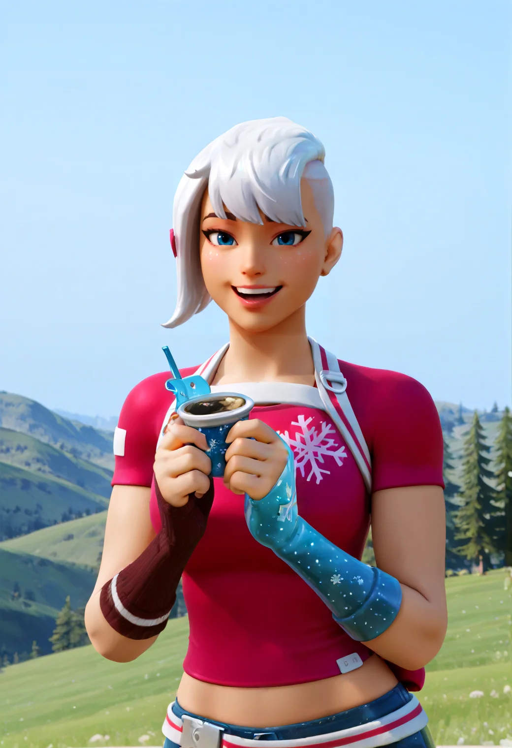 IllustriousQual <lora:StS-Illustrious-Detail-Slider-v1.0:2> <lora:cfg_scale_boost:0.3> <lora:Frosted_Flurry_IL_-_V1:0.8> FrostedFlurryIL, female, white hair, blue eyes, holiday outfit, snowflake-themed, buzz cut, short hair, fingerless glove,detailed_background,outdoors,hands on another&