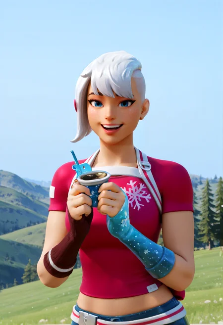 IllustriousQual <lora:StS-Illustrious-Detail-Slider-v1.0:2> <lora:cfg_scale_boost:0.3> <lora:Frosted_Flurry_IL_-_V1:0.8> FrostedFlurryIL, female, white hair, blue eyes, holiday outfit, snowflake-themed, buzz cut, short hair, fingerless glove,detailed_background,outdoors,hands on another&