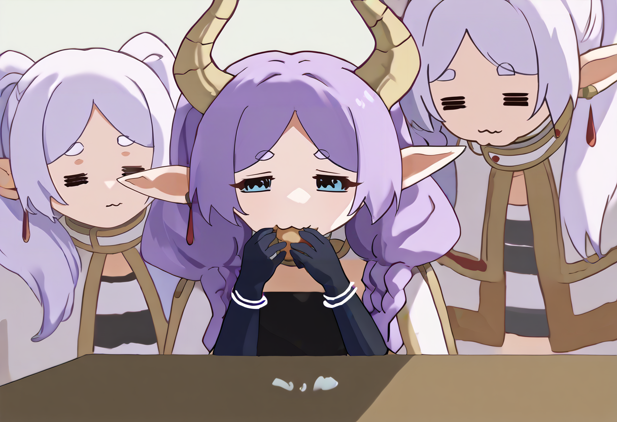 score_9, score_8_up, score_7_up, source_anime, 3girls, blankroomsoup, table, bowl, food <lora:meme_blankroomsoup_ponyXL:0.9>
3girls, FrierenBase, =w=, :3, = =, closed eyes, looking at another, white hair, long hair, twintails, earrings, white capelet, striped shirt, long sleeves <lora:ChamFrierenPonyXL:0.8> <lora:ChamElfExpressionPonyXL:0.8>
3girls, AuraFrieren, sad, eating, purple hair, blue eyes, horns, long hair, twin braids, necklace, strapless shirt, black shirt, red waist cape, elbow gloves, black gloves <lora:ChamAuraPonyXL:0.9>
3girls, FrierenBase, =w=, :3, = =, closed eyes, looking at another, white hair, long hair, twintails, earrings, white capelet, striped shirt, long sleeves <lora:ChamFrierenPonyXL:0.8> <lora:ChamElfExpressionPonyXL:0.8>