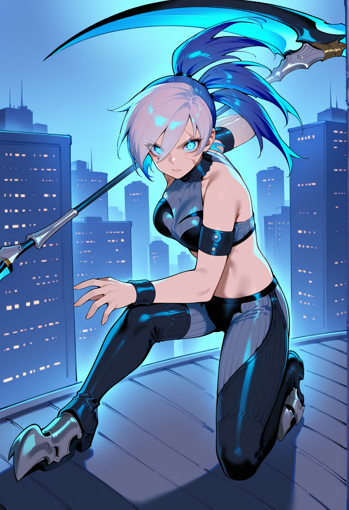 1girl, solo, 1girl, multicolored hair, blue hair, white hair, tri tails, scar on face, blue eyes, tube top, sleeveless, armband, wristband, leggings, armored boots, talons, holding scythe, on rooftop, fighting stance, city, city lights, serious, glowing eyes, flaming eyes <lora:piastol_arcadia:1>, masterpiece, best quality, amazing quality, very aesthetic, absurdres, highres, newest