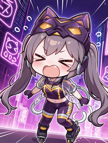 chibi, i:p masquerena, > <, 1girl, solo, open mouth, cityscape, neon lights, closed eyes, blush, purple gloves, purple pants, purple crop top, purple cat mask, see-through jacket, purple headset, purple inline skates,
masterpiece,best quality,amazing quality,very aesthetic,absurdres,newest,<lora:Ip masquerena illuXL v1:0.75>,