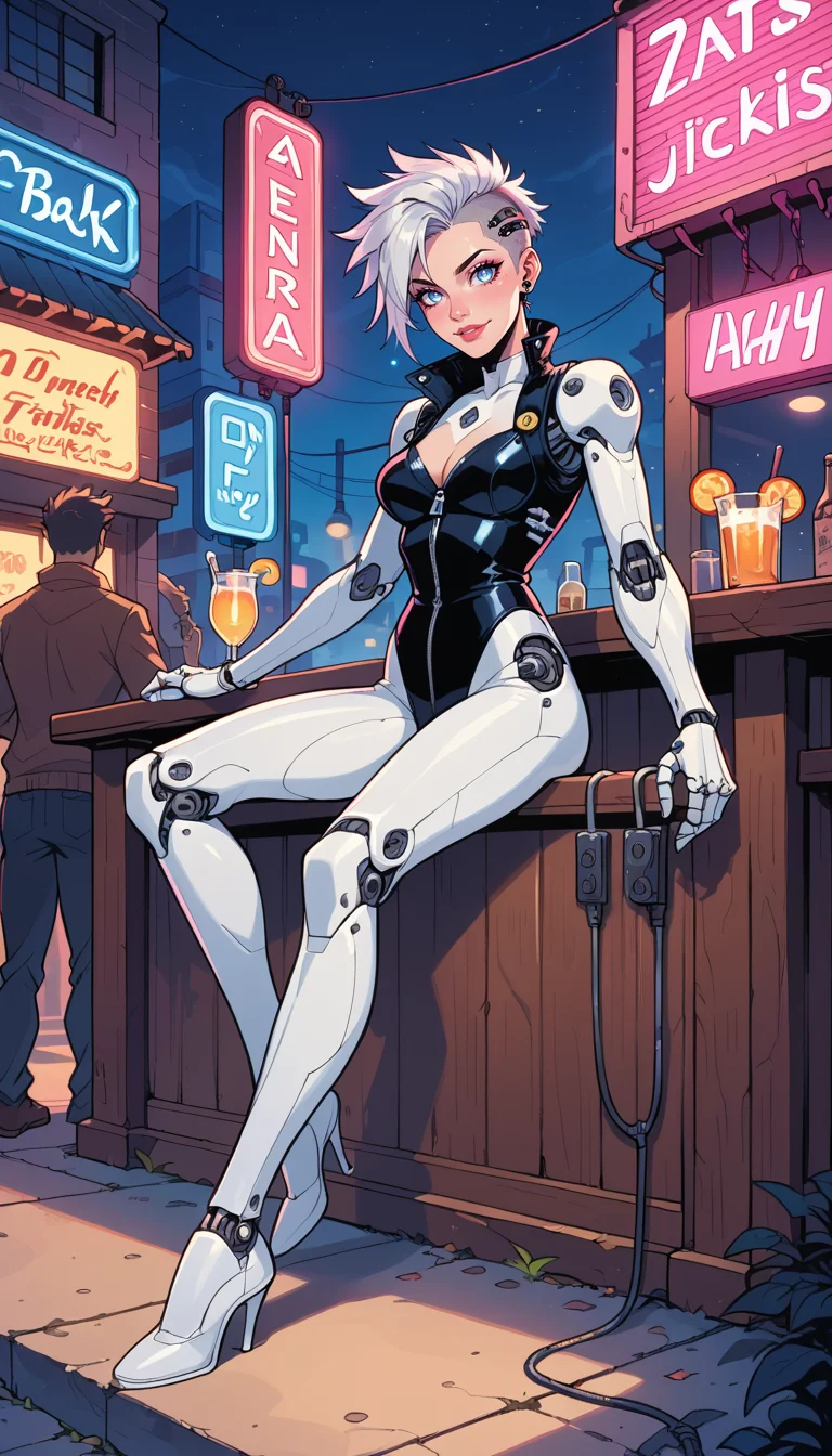 score_9, score_8_up, score_7_up, Western Comics, Full Body Shot, mechanical android, girl, cute, seductive, innocent, light smile:0.3, plump lips, slender body, short punk hair, (mechanical arms), wires and cables, silver body, glowing led parts, ornaments detailed, sitting outside a pub, neon lights, bright colors, street night background, depth of field, dynamic angle, fashion photography, sharp, hyperdetailed:1.15