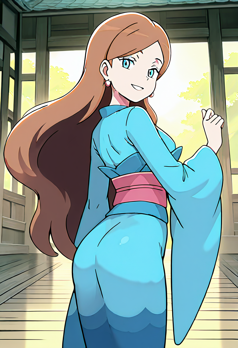 masterpiece, best quality, 1girl, solo, looking at viewer, smile,   zzLinnea, blue eyes, brown hair, long hair, earrings,  blue kimono, sash,  , <lora:LinneaPokemon_IXL_v2:1.0>, back arched, hips back, side view, smile, looking at viewer,