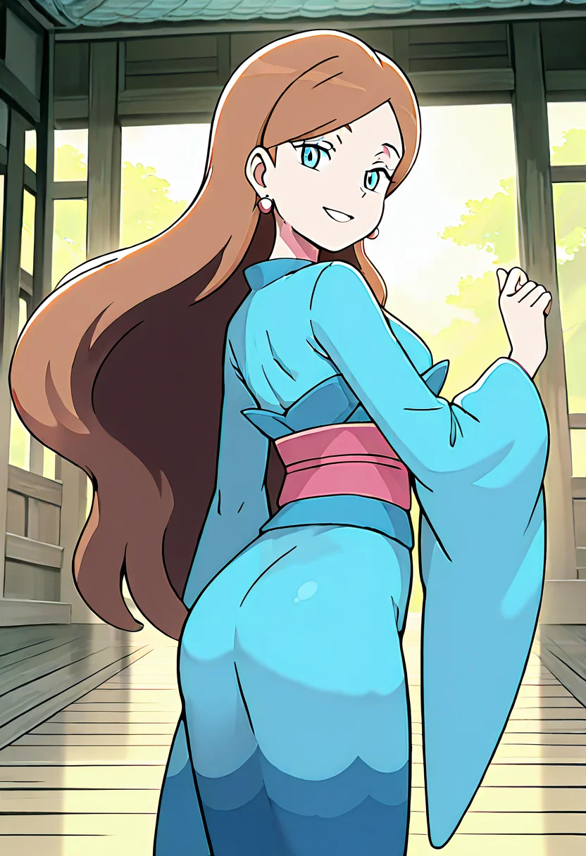 masterpiece, best quality, 1girl, solo, looking at viewer, smile, zzLinnea, blue eyes, brown hair, long hair, earrings, blue kimono, sash, , <lora:LinneaPokemon_IXL_v2:1.0>, back arched, hips back, side view, smile, looking at viewer,