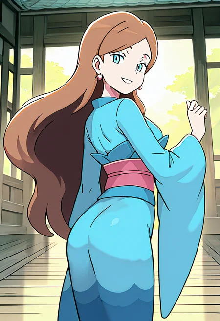 masterpiece, best quality, 1girl, solo, looking at viewer, smile, zzLinnea, blue eyes, brown hair, long hair, earrings, blue kimono, sash, , <lora:LinneaPokemon_IXL_v2:1.0>, back arched, hips back, side view, smile, looking at viewer,