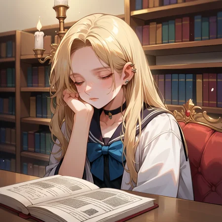 score_9, score_8_up, score_7_up, source_anime,((masterpiece, best quality, illustration)) Pito, 1girl, solo, long blonde hair, grey eyes, tired eyes, cute face, beautiful features, small stature, cute, black serafuku, black shirt, black choker, bowtie, grey belt, black skirt, white jacket, ear piercings, (sitting at a table, many books), sleeping, eyes closed, side angle, head down, from below, thick black character outline, library background, many candles,