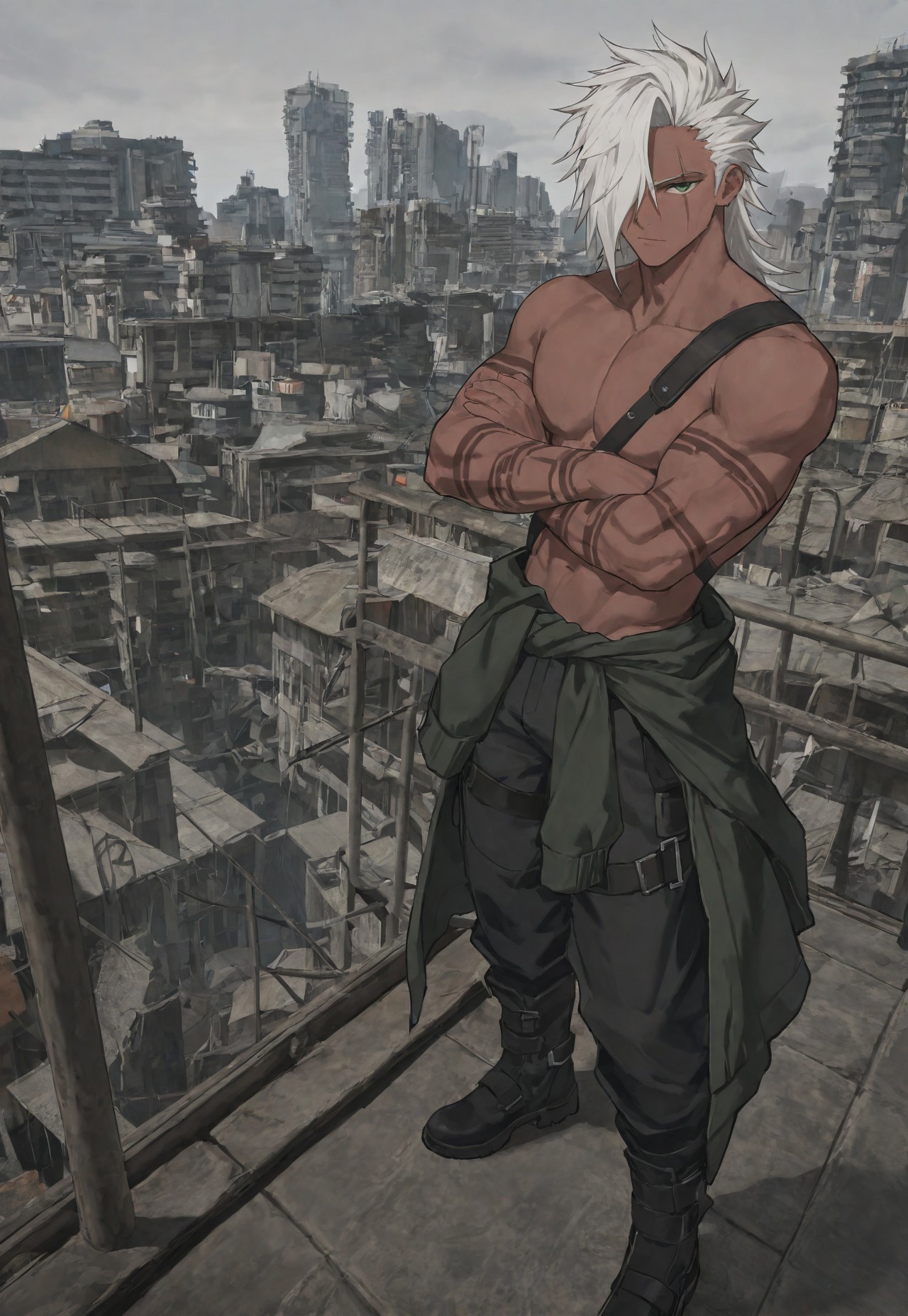 masterpiece, best quality, amazing quality, very aesthetic, absurdres, newest, detailed background, ailimit, 1boy, solo, white hair, long hair, green eyes, hair over one eye, scar, dark skin, muscular, no shirt, tattoo, jacket around waist, pants, boots, outdoors, rooftop