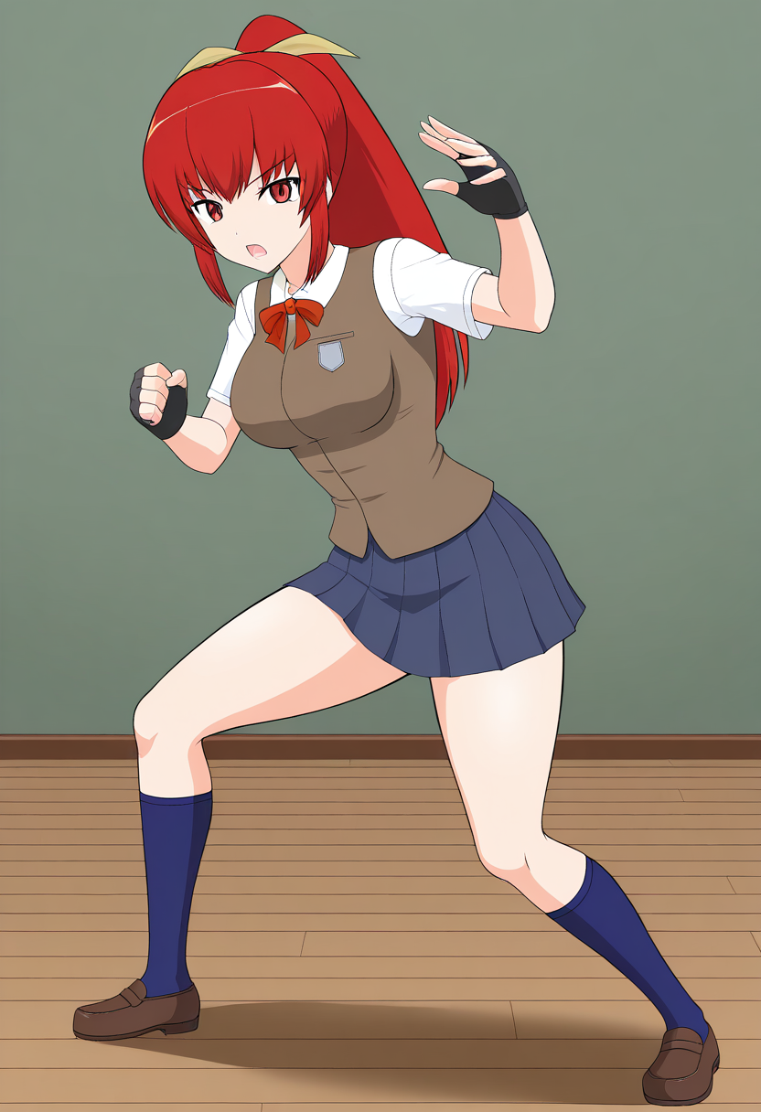 1girl, solo, satsukirindorival, red hair, ponytail, hair ribbon, red eyes, shirt, short sleeves, vest, breasts, skirt, fingerless gloves, blue socks, shoes, school uniform, indoors, fighting stance, open mouth, standing,