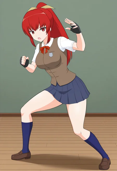 1girl, solo, satsukirindorival, red hair, ponytail, hair ribbon, red eyes, shirt, short sleeves, vest, breasts, skirt, fingerless gloves, blue socks, shoes, school uniform, indoors, fighting stance, open mouth, standing,
