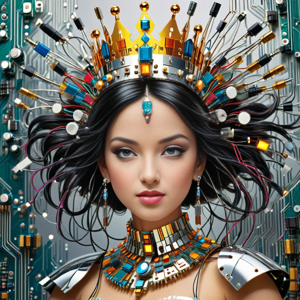 princess made out of transistors , looks beautiful and aesthetic, colorful background <lora:TransistorsXL_LoRA:1>