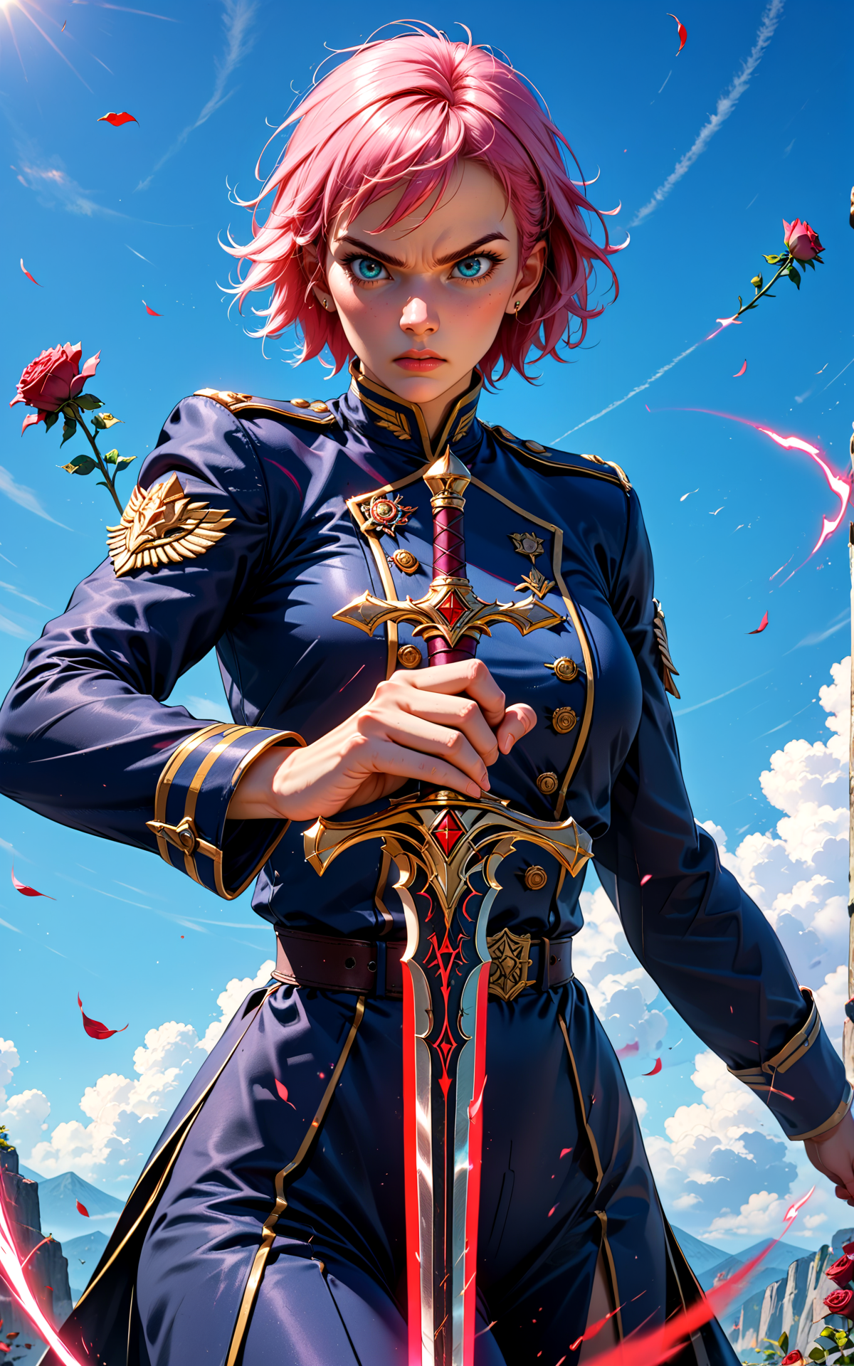 score_9, score_8_up, score_7_up, 
fearless woman with pink hair, charging forward with sword, red roses trailing behind, determined expression, vibrant colors, high contrast, hyper-realistic, dynamic motion, powerful pose, detailed, high-definition, intense, cinematic, energetic, epic atmosphere, dramatic
noblewoman, military uniform, long sleeves,  short hair,  raised hand, (dynamic pose:1.8), motion line, holding sword