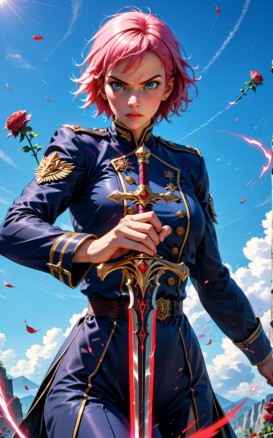score_9, score_8_up, score_7_up, 
fearless woman with pink hair, charging forward with sword, red roses trailing behind, determined expression, vibrant colors, high contrast, hyper-realistic, dynamic motion, powerful pose, detailed, high-definition, intense, cinematic, energetic, epic atmosphere, dramatic
noblewoman, military uniform, long sleeves,  short hair,  raised hand, (dynamic pose:1.8), motion line, holding sword