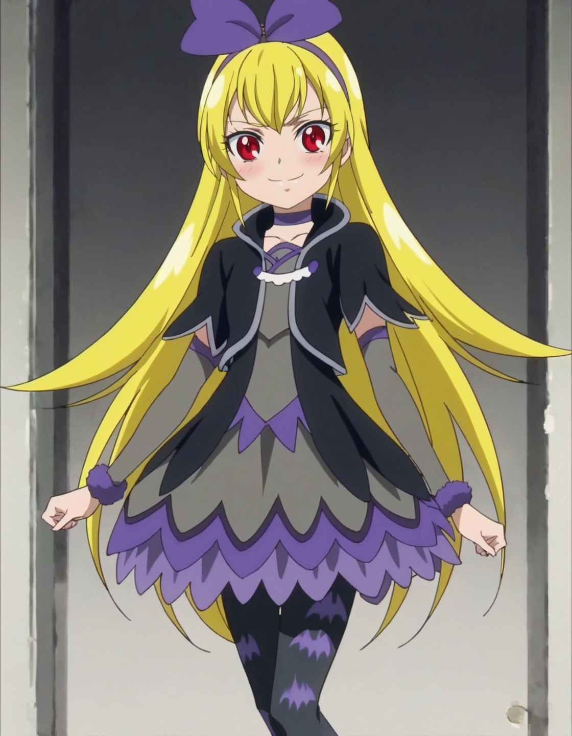 score_9, score_8_up, score_7_up,anime screencap,1girl,solo,regina, 1girl, bat print, pantyhose,red eyes, choker,evil smile, bow, cropped jacket,  hair bow, print legwear, purple ribbon,  dress, looking at viewer, purple bow, hairband
small breasts,cowboy shot ,blush,<lora:regina:0.8>