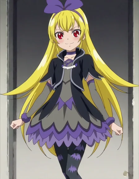 score_9, score_8_up, score_7_up,anime screencap,1girl,solo,regina, 1girl, bat print, pantyhose,red eyes, choker,evil smile, bow, cropped jacket, hair bow, print legwear, purple ribbon, dress, looking at viewer, purple bow, hairband
small breasts,cowboy shot ,blush,<lora:regina:0.8>