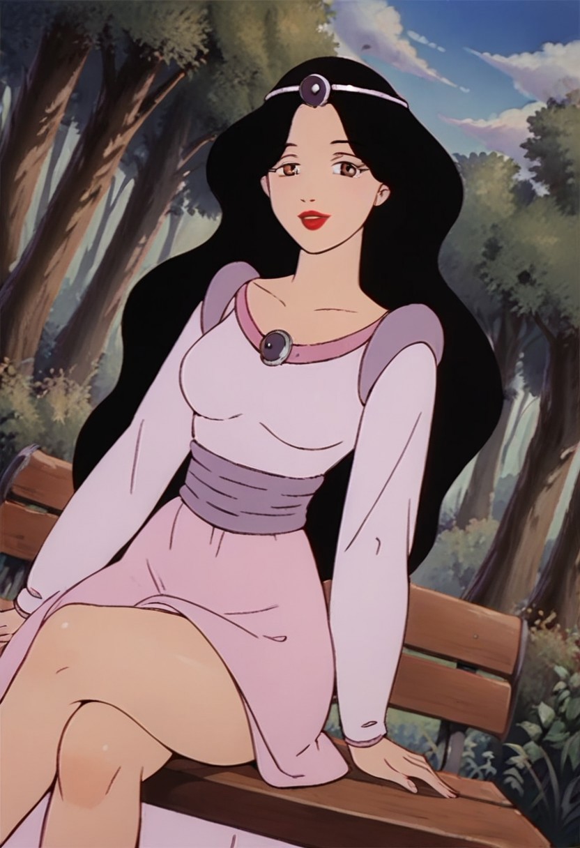 score_9_up, score_8_up, score_7_up, 1980s (style), retro artstyle, source_cartoon, rating_questionable 
JetLagSnowWhite, 1girl, black hair, long hair,  lipstick, makeup, red lips, brown eyes, tiara, circlet, jewelry, gem, dress, long sleeves, pink dress, purple dress, white dress,
solo, seductive, naughty face, sitting, crossed legs, outdoors, 1girl, bench, trees, sky, clouds, sun, looking at viewer, day, forest, cowboy shot, upper body focus, (Dutch angle:1.4), thighs