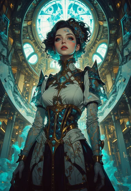 A striking portrait illustration of a woman embodying the perfect fusion of vintage and futuristic fashion, her gaze lifted toward an unseen force, eyes shimmering with iridescent hues. Her avant-garde ensemble merges a structured Victorian corset with high-tech reflective fabrics, metallic embroidery seamlessly woven into Art Deco-inspired patterns. Translucent, gravity-defying shoulder structures extend outward like crystalline wings, while a sleek, asymmetrical cyberpunk skirt flows like liquid metal. Her avant-garde makeup features geometric metallic accents tracing her cheekbones, a bold gradient split-lip design, and shimmering holographic eyeshadow that shifts between ultraviolet and deep sapphire. The background is an optical illusion of shifting Escher-like staircases dissolving into an endless void, fragmented mirrors reflecting alternate realities. A luminous aura radiates around her, pulsating in celestial gold and deep amethyst, enhancing the surreal atmosphere. Her pose is a vision of abstraction—arms raised yet disjointed, her form subtly distorting as if existing in multiple dimensions at once. The composition exudes perfection, blending hyper-realism with avant-garde abstraction in a visionary masterpiece. 8K, HD, HIGH RESOLUTION, MASTERPIECE, AWARD WINNING.