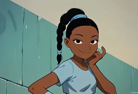 score_9, score_8_up, score_7_up BREAK ChloeHA, 1girl, black hair, black eyes, brown skin, braided ponytail, short-sleeved light blue shirt, midriff, short blue skirt, cyan socks, white shoes, closeup, female focus, smiling at viewer, closeup view, solo, solo focus, posing for viewer, close view,