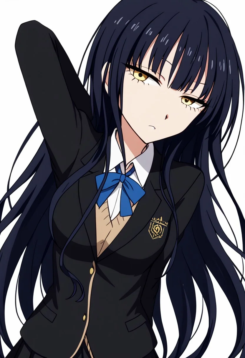 anime screencap, anime coloring,
simple background, white background,
BREAK
1girl, solo, 水野麻衣, mizuno, long hair, black hair, school uniform, black blazer, pleated skirt, emotionless, half-closed eyes,
looking at viewer