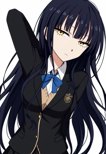 anime screencap, anime coloring,
simple background, white background,
BREAK
1girl, solo, 水野麻衣, mizuno, long hair, black hair, school uniform, black blazer, pleated skirt, emotionless, half-closed eyes,
looking at viewer