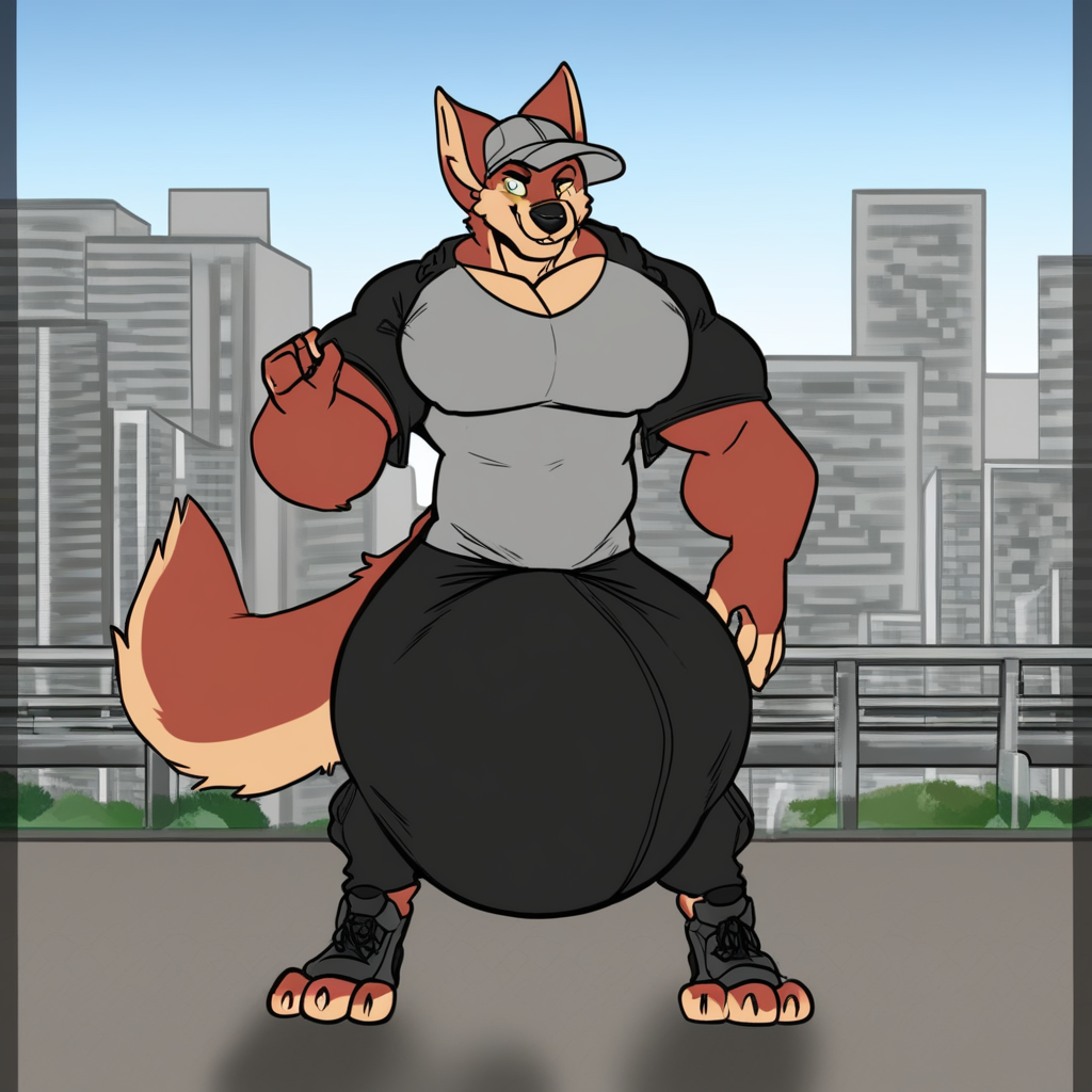 Muscular male, furry, fully clothed, solo, sexually explicit clothes, standing, outside, city streets, hyper bulge