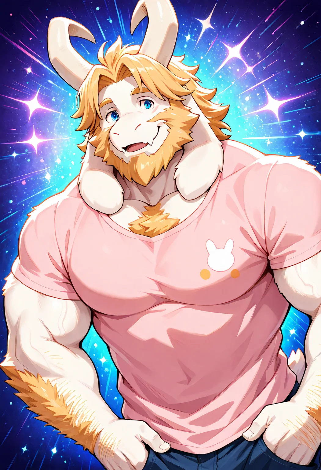 masterpiece, best quality, amazing quality, dutch angle, dynamic angle, abstract background, BREAK
solo, furry male, goat, ut_asgore, horns, white body, blue eyes, blonde hair, beard, muscular male, pink shirt, smiling, arm hair, BREAK
<lora:cfg_scale_boost:.7>  <lora:Asgore_Dreemurr_-_Undertale_-_ILXL:1>