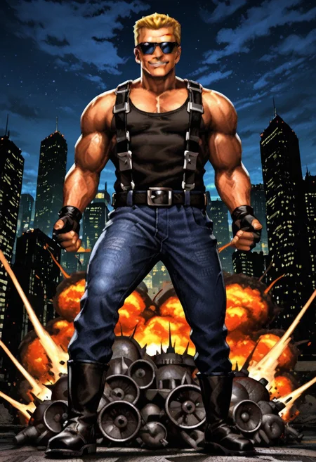 score_9,score_8_up,score_7_up,source anime BREAK,1boy, xdnukemx, blonde hair, muscular, sunglasses, manly, tank top, pants, bandelier, fingerless gloves, belt, suspenders, boots, city at night, explosions in the background, smirk,doing a badass pose,