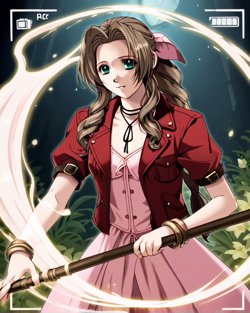 <lora:ino_magloid_style_ForPony:1>, solo,   Aerith Gainsbrough, holding staff, casting a white spell, white magic
