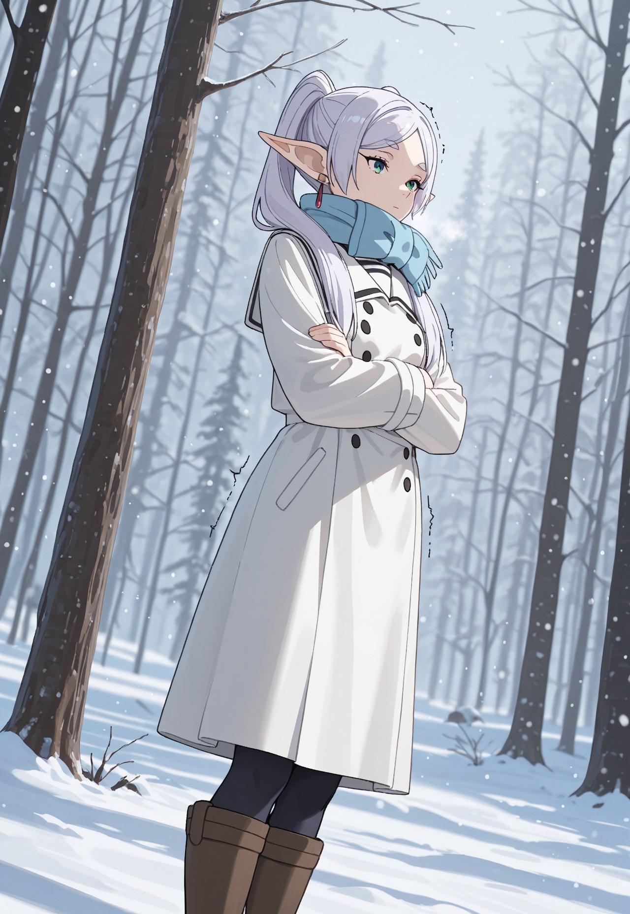 masterpiece, best quality, amazing quality, very aesthetic, absurdres, dynamic angle, ultra-detailed, highly detailed, cinematic lighting, realistic shading, BREAK
crossed arms, trembling, shiver lines, forest, tree, winter, snow, snowing, 
BREAK
WinterFrieren, 1girl, elf, pointy ears, white hair, parted bangs, long hair, twintails, hair over shoulder, green eyes, small breasts, earrings, official alternate costume, blue scarf, sailor collar, double-breasted, white long coat, black pantyhose, brown boots,