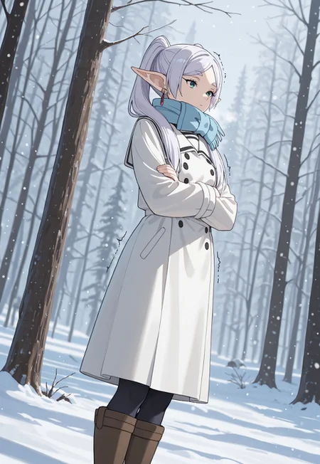 masterpiece, best quality, amazing quality, very aesthetic, absurdres, dynamic angle, ultra-detailed, highly detailed, cinematic lighting, realistic shading, BREAK
crossed arms, trembling, shiver lines, forest, tree, winter, snow, snowing, 
BREAK
WinterFrieren, 1girl, elf, pointy ears, white hair, parted bangs, long hair, twintails, hair over shoulder, green eyes, small breasts, earrings, official alternate costume, blue scarf, sailor collar, double-breasted, white long coat, black pantyhose, brown boots,