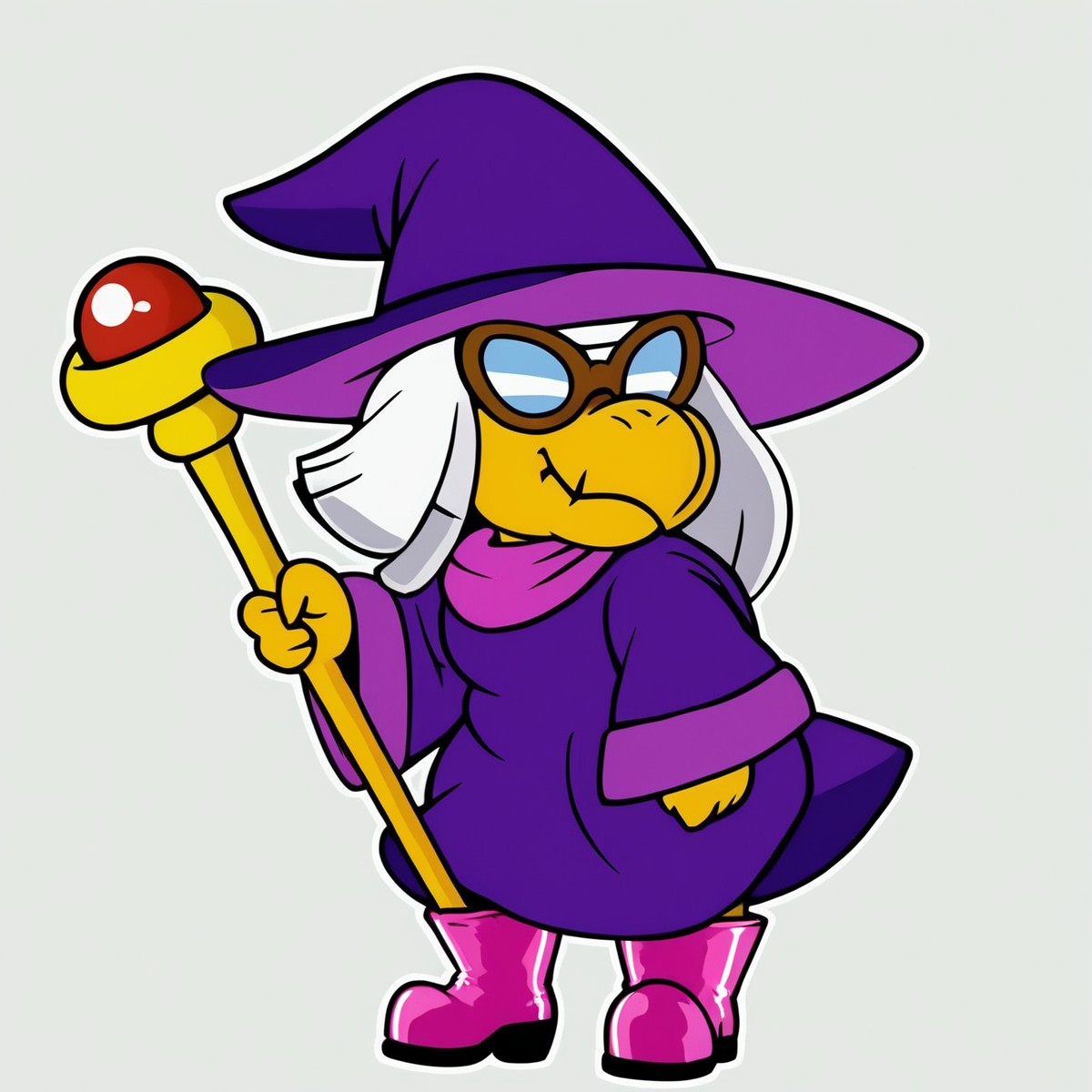 female,
<cartoon:1.5>,
<2d:1.5>,
kammy_koopa, granny_koopa, transparent background, solo, hat, witch hat,purple hat, purple robe, purple headwear, full body, white hair,  witch hat, holding, 1girl, wide sleeves, staff,boots,
<lora:Kammy_Koopa_Paper_Mario_Pony_SDXL:1> kammy_koopa <lora:90s4n1m3XLP:1> 90s4n1m3, smug,
smugness,
half closed eyes,
closed mouth,
sarcastic,