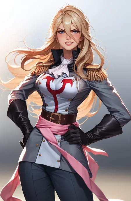 score_9, score_8_up, score_7_up, 
1girl, <lora:THALIA:0.9>, long hair, blonde hair, lips, blush, blue eyes, hair between eyes, 
uniform, epaulettes, military uniform, ascot, pants, pink sash, 
shiny skin, looking at viewer, serious, fierce, grin, looking at viewer, hand on hip,
<lora:Smooth Anime 2 Style SDXL_LoRA_Pony Diffusion V6 XL:0.9>
<lora:BlackComicPony:0.5>
depth of field, blurry background, blurry foreground, sidelighting, backlighting, simple background, gradient background, foreshortening