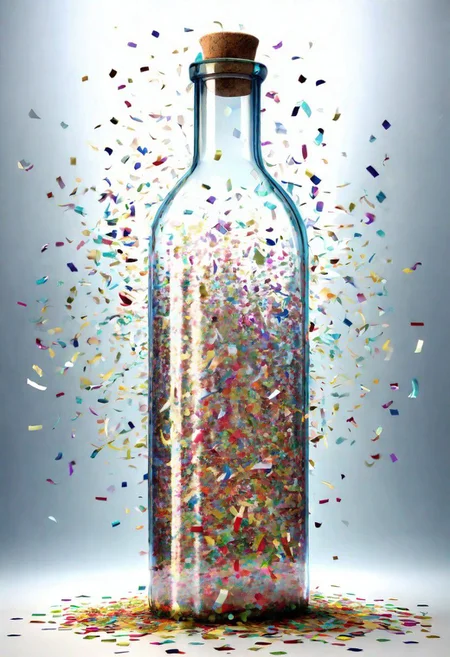 confetti explosion inside a large transparent bottle,