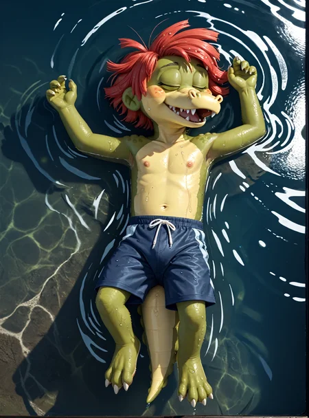 <lora:ArloXL-000070:1>  male, Arlo beauregard, cute, alligator, scalie, black eyes, detailed scales, red hair, young, solo, freckles, green body, night, toony, wet, relaxing, feet, floating, sleeping, on back high-angle view, water, swimming trunks, safe,, BREAK masterpiece, best quality, score_9_up,score_8_up,score_7_up,score_6_up,score_5_up,score_4_up, source_furry, highly detailed, detailed background, absurdres, cinematic lighting, high resolution, 8K, perfect hands, highres, <lora:spo_sdxl_10ep_4k-data_lora_webui:2> <lora:Hyper-SDXL-2steps-lora:1>